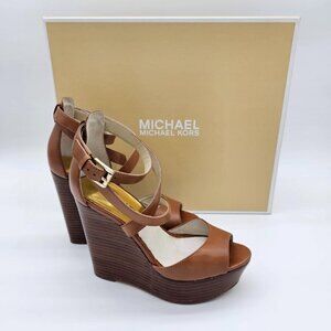 Michael Kors Gabriella Leather Wedge Sandals, Tan brown, Size 5.5